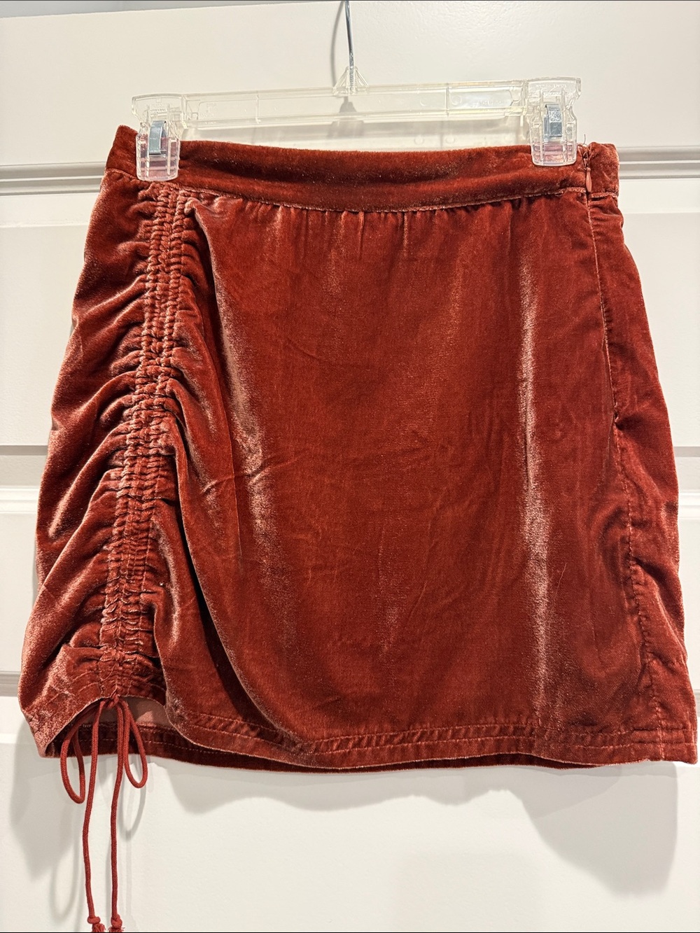 Free People Rust Red Velvet Ruched Mini Skirt